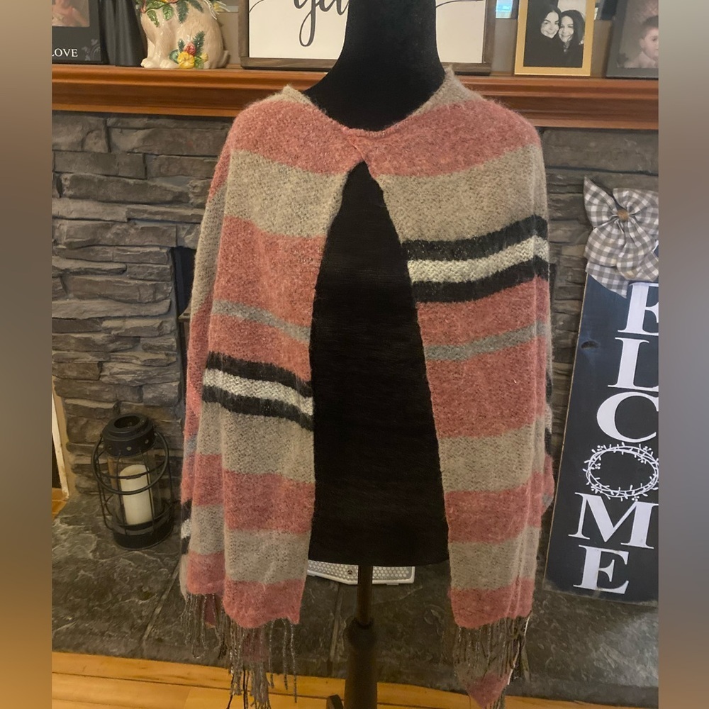 Cozy Striped Knit Wool Blend Poncho in Dusty Pink and Gray